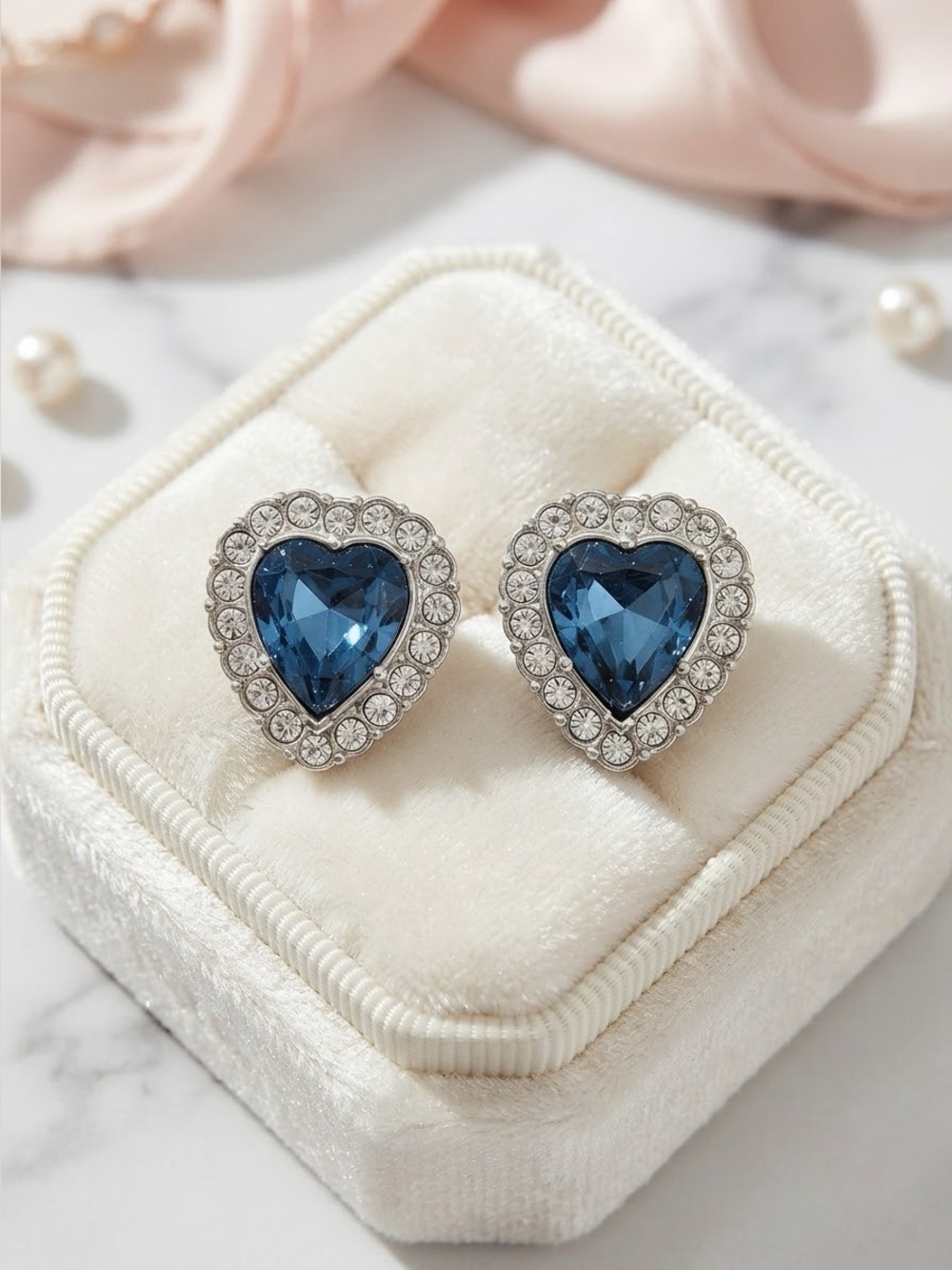 Vintage 90s Blue Heart Rhinestone Earrings | Crystal Studs
